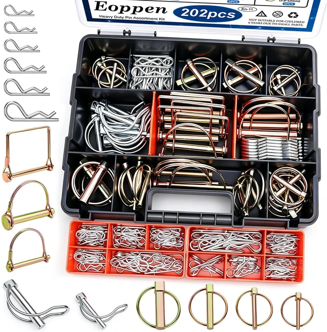 Main image of 202Pcs Hitch Pins Clip Pins Linch Pins PTO Pins and Shaft Locking Pins Assortment Kit 5 Styles Tractor Pins Fasteners for Trailers, Tractors, Trucks, Lawn Mower