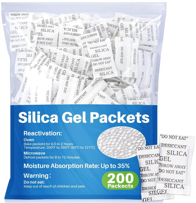 Main image of 200PCS Silica Gel Packets - 2g Desiccant Beads Moisture Absorbers Reusable Desiccant Pack for Storage, Closet, Clothes, Shoes, Car, Jewelry, 3D Filaments, Electronics Anti Humidity Protection