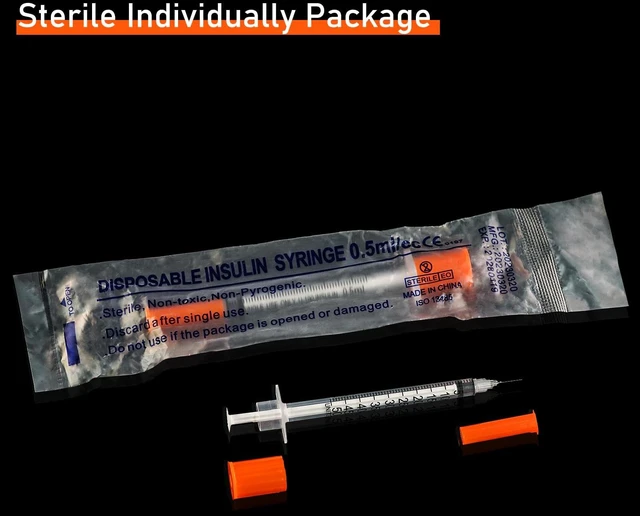 Alt view image 6 of 7 - U-100 Syringe with Needle, 30G 1/2cc 5/16 Inch (8mm) Syringes, Pack of 100 Individually Wrapped