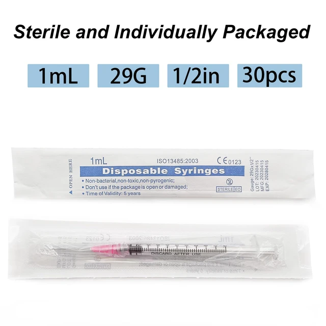 Alt view image 5 of 7 - 30pcs 1ml 29G 1/2 inch Luer Lock for Lab Utensils,Refilling Liquids 1cc 29 Gauge 1/2 inch Industrial Scientific Accessories,Individually Wrapped,Lab Sample Supplies