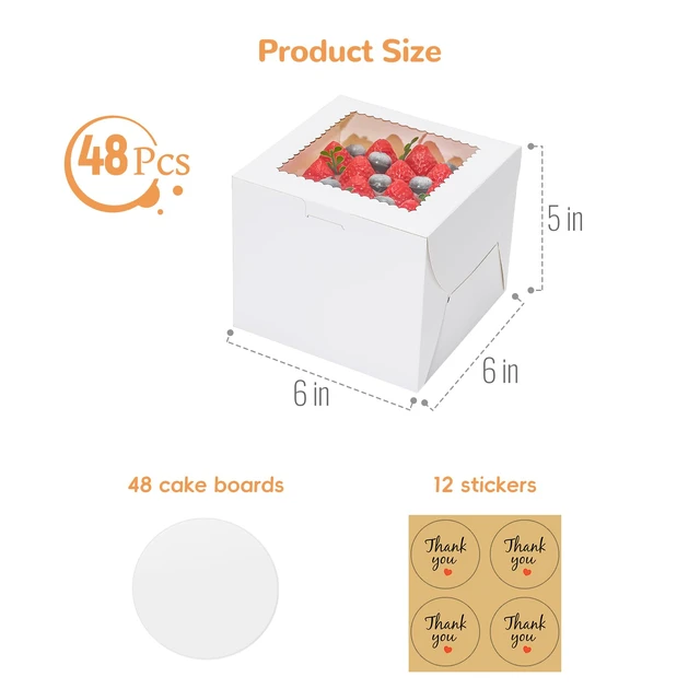 Alt view image 3 of 6 - 48Pack 6 inch Small Cake Boxes with Cake Board and Stickers Mini White Bento Cake Box for Small Cakes, Cookies, Birthday, Party, Wedding, Mother's Day, Christmas6x6x5 inch