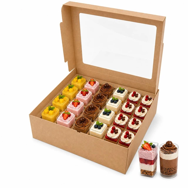 Main image of Dessert Shooter Boxes 10 Pack, Each Box Holds 24 Count 3 oz Dessert Shooter Cups, Food-Grade Dessert Cup Holder Boxes with Inserts, Dessert Shooter Box Packaging for Parties, Catering (Brown)