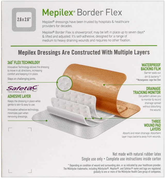 Alt view image 2 of 7 - Border Flex 4 x 4 in (10 x 10 cm) Hospital Quality Dressings Trusted by healthcare for decades, designed for a wide range of advanced wounds, showerproof, may be worn for multiple days*