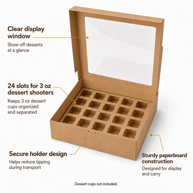Alt view image 4 of 6 - Dessert Shooter Boxes 10 Pack, Each Box Holds 24 Count 3 oz Dessert Shooter Cups, Food-Grade Dessert Cup Holder Boxes with Inserts, Dessert Shooter Box Packaging for Parties, Catering (Brown)