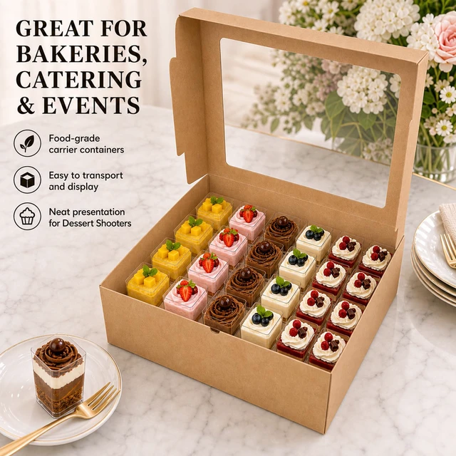 Alt view image 5 of 6 - Dessert Shooter Boxes 10 Pack, Each Box Holds 24 Count 3 oz Dessert Shooter Cups, Food-Grade Dessert Cup Holder Boxes with Inserts, Dessert Shooter Box Packaging for Parties, Catering (Brown)