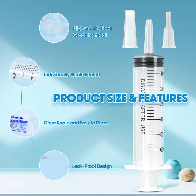 Alt view image 2 of 7 - 60ml Syringe for Liquid,50 Pack Large Plastic Syringes with Adapters and Cap,Individually Sealed Syringe for Feeding,Irrigation Water and Scientific Labs