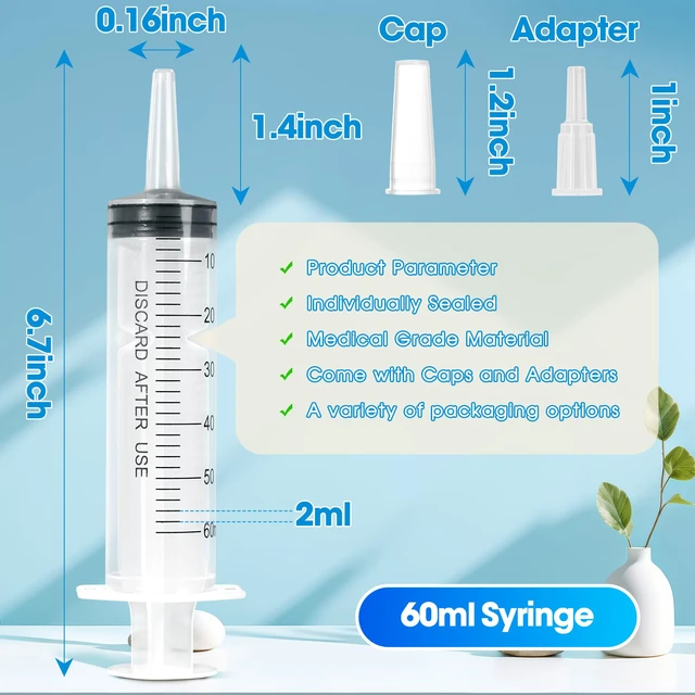 Alt view image 3 of 7 - 60ml Syringe for Liquid,50 Pack Large Plastic Syringes with Adapters and Cap,Individually Sealed Syringe for Feeding,Irrigation Water and Scientific Labs