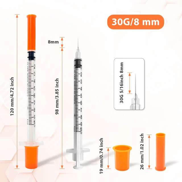 Alt view image 2 of 7 - 100 Pack Syringes with Needle, U-100 1ml 30G 5/16" 8mm Syringe Individually Sealed, High-Quality, Leak-Resistant, Visible Scales