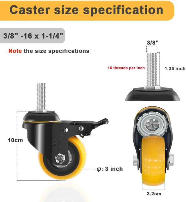 Alt view image 2 of 7 - 3 Inch Stem Caster Wheels 3/8 Threaded Casters Set of 4 Heavy Duty 800 Lbs, 3/8"-16, Smooth & Quiet-Rolling, Castor Wheels for Wire Shelving, Cart, Tool Box, Workbenche, Furniture
