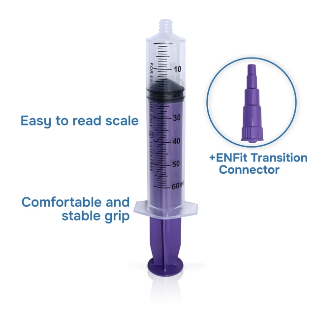 Alt view image 3 of 7 - 60ml ENFit-type Syringe with Transition Connector, 25/Box Optimal Liquid Dosing, Accurate Measurement, Stable Plunger with Safe Backstop, Precise Graduation, Blister-Packed