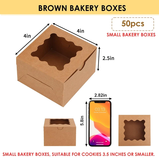 Alt view image 2 of 7 - 50pcs Small Cookie Boxes with Window, 4x4x2.5In Brown Bakery Boxes Kraft Treat Boxes, Fit Small Cookies and Pastries, Suitable for Party Favors and Gifts