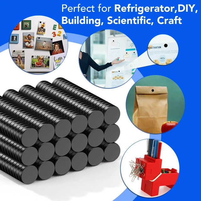 Alt view image 4 of 7 - 200Pcs Small 10x2mm Black Strong Neodymium Magnets Round Tiny Rare Earth Mini Neodymium Magnets for Fridge, DIY, Whiteboard, Crafts, Office