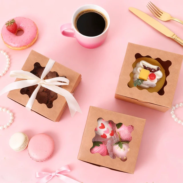 Alt view image 5 of 7 - 50pcs Small Cookie Boxes with Window, 4x4x2.5In Brown Bakery Boxes Kraft Treat Boxes, Fit Small Cookies and Pastries, Suitable for Party Favors and Gifts