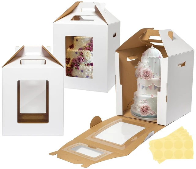 Main image of 3 Pack Tall Cake Boxes for Tier Cakes 12x12x14 Inch with Window Large Tierd Bakery Take Out Transport Container with Handle, Disposable Layer Baking Carrier for Wedding, Birthday, Party