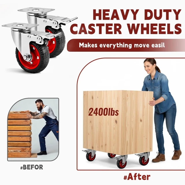 Alt view image 2 of 7 - 4 Inch Caster Wheels Heavy Duty with Dual-Lock Safety Brake and Rubber Tire Wheels, Heavy Duty - 300 Lbs Per Caster for Workbench, Trolley, Cabinet, Swivel Rubber Wheel 4-Packs with mounting Hardware