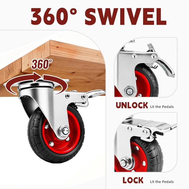Alt view image 3 of 7 - 4 Inch Caster Wheels Heavy Duty with Dual-Lock Safety Brake and Rubber Tire Wheels, Heavy Duty - 300 Lbs Per Caster for Workbench, Trolley, Cabinet, Swivel Rubber Wheel 4-Packs with mounting Hardware