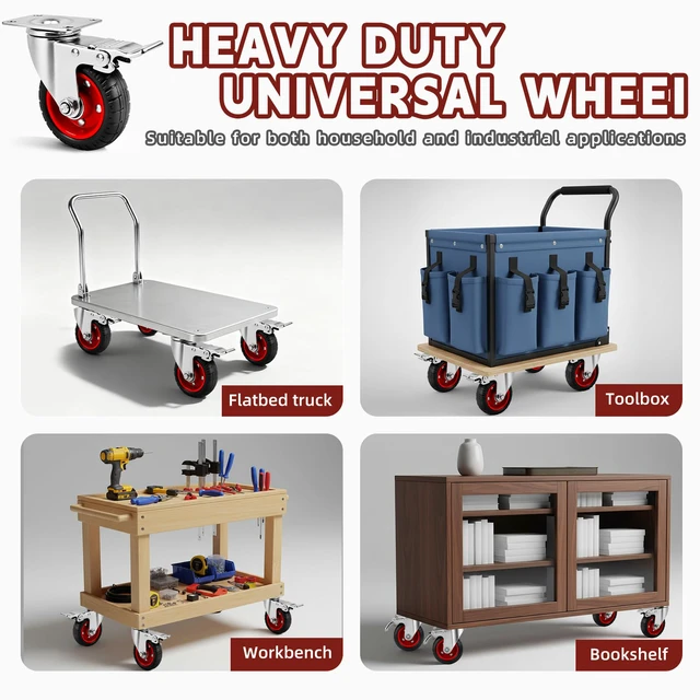 Alt view image 5 of 7 - 4 Inch Caster Wheels Heavy Duty with Dual-Lock Safety Brake and Rubber Tire Wheels, Heavy Duty - 300 Lbs Per Caster for Workbench, Trolley, Cabinet, Swivel Rubber Wheel 4-Packs with mounting Hardware