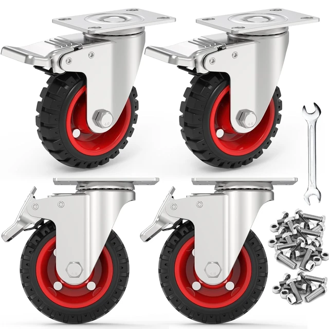 Alt view image 7 of 7 - 4 Inch Caster Wheels Heavy Duty with Dual-Lock Safety Brake and Rubber Tire Wheels, Heavy Duty - 300 Lbs Per Caster for Workbench, Trolley, Cabinet, Swivel Rubber Wheel 4-Packs with mounting Hardware