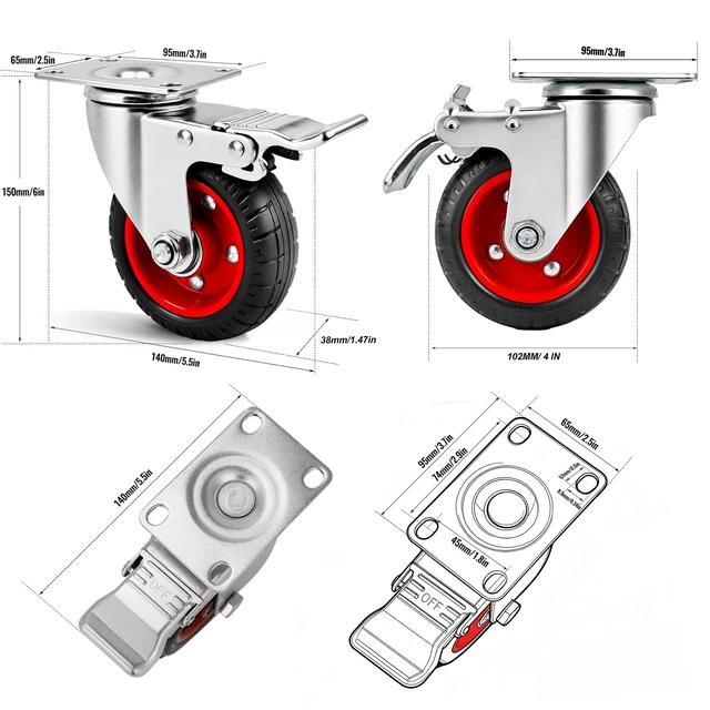 Alt view image 6 of 7 - 4 Inch Caster Wheels Heavy Duty with Dual-Lock Safety Brake and Rubber Tire Wheels, Heavy Duty - 300 Lbs Per Caster for Workbench, Trolley, Cabinet, Swivel Rubber Wheel 4-Packs with mounting Hardware