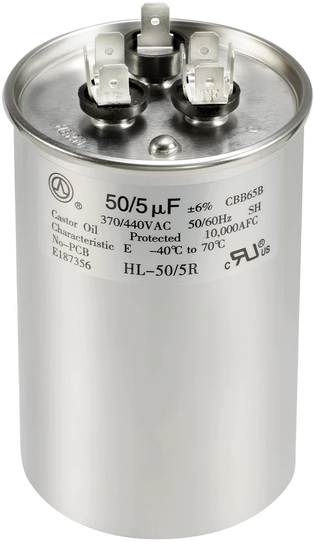 Main image of AC Capacitor 50+5 uF 50/5 MFD ±6% 370V/440VAC CBB65 Dual Run Circular Start Capacitor for Heat Pump Air ConditionerTen Years of Coverage