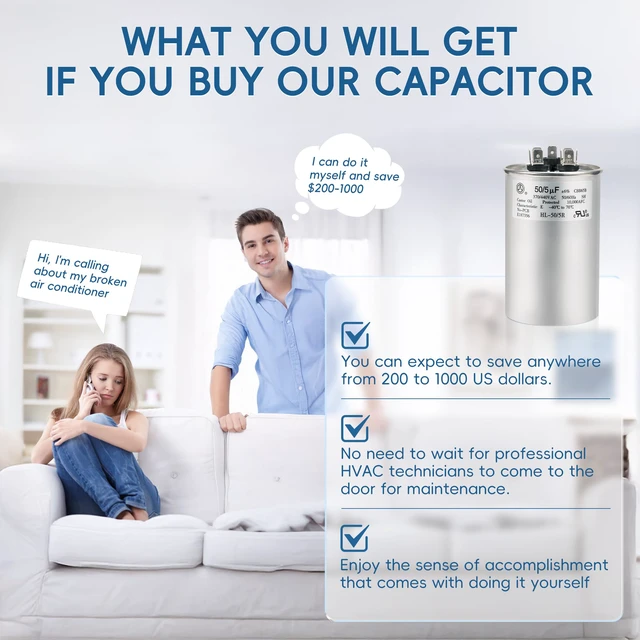Alt view image 4 of 7 - AC Capacitor 50+5 uF 50/5 MFD ±6% 370V/440VAC CBB65 Dual Run Circular Start Capacitor for Heat Pump Air ConditionerTen Years of Coverage