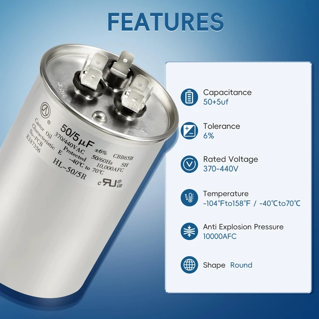 Alt view image 5 of 7 - AC Capacitor 50+5 uF 50/5 MFD ±6% 370V/440VAC CBB65 Dual Run Circular Start Capacitor for Heat Pump Air ConditionerTen Years of Coverage