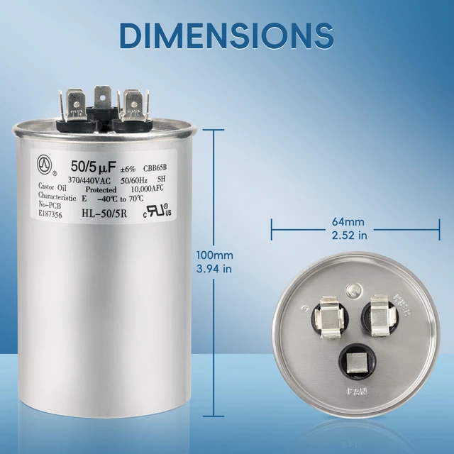 Alt view image 6 of 7 - AC Capacitor 50+5 uF 50/5 MFD ±6% 370V/440VAC CBB65 Dual Run Circular Start Capacitor for Heat Pump Air ConditionerTen Years of Coverage