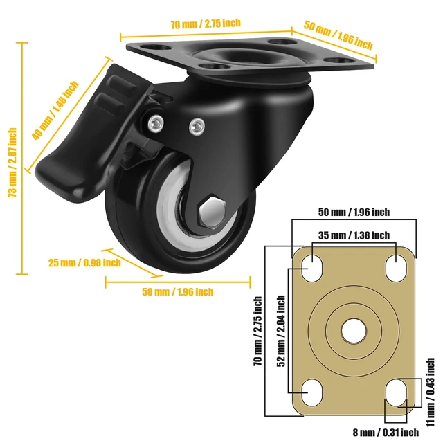 Alt view image 6 of 6 - 2" Caster Wheels, Casters Set of 4 Heavy Duty but Silent, Excellent Locking Casters with Polyurethane (PU) Wheels, Swivel Plate Castor Wheels for Cart, Furniture, Workbench