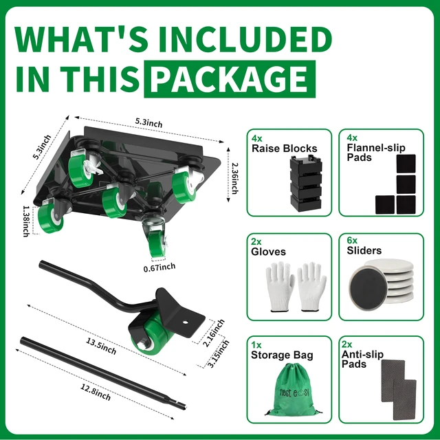 Alt view image 2 of 7 - Heavy Duty Furniture Dolly 360 Rotate 5 Wheels 3000 Lbs Capacity 5.3x5.3 in Furniture Movers with Green Wheels, 6 Sliders, Alloy Steel Furniture Lifter Tool for Smooth Home & Office Uses