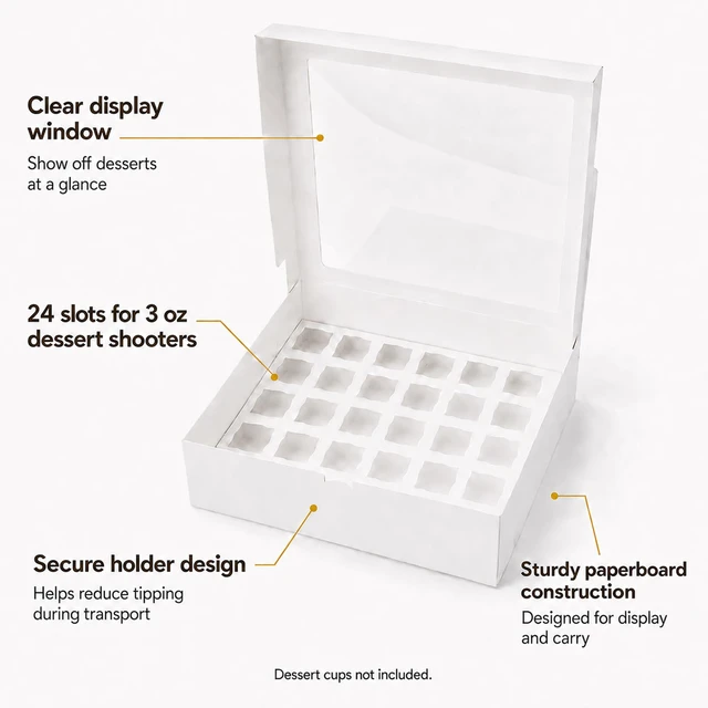 Alt view image 4 of 6 - Dessert Shooter Boxes 10 Pack, Each Box Holds 24 Count 3 oz Dessert Shooter Cups, Food-Grade Dessert Cup Holder Boxes with Inserts, Dessert Shooter Box Packaging for Parties, Catering