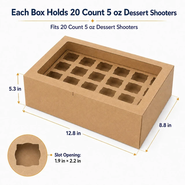 Alt view image 2 of 7 - Dessert Shooter Boxes 5 Pack, Each Box Holds 20 Count 5 oz Dessert Shooter Cups, Food-Grade Dessert Cup Holder Boxes with Inserts, Dessert Shooter Box Packaging for Parties, Catering (Brown)