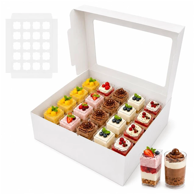 Main image of Dessert Shooter Boxes 5 Pack, Each Box Holds 20 Count 5 oz Dessert Shooter Cups, Food-Grade Dessert Cup Holder Boxes with Inserts, Dessert Shooter Box Packaging for Parties, Catering