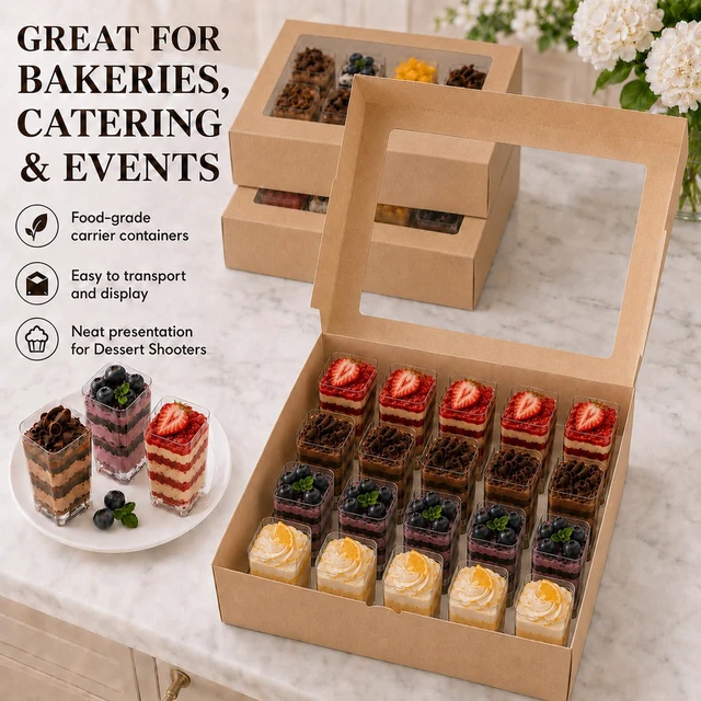 Alt view image 4 of 7 - Dessert Shooter Boxes 5 Pack, Each Box Holds 20 Count 5 oz Dessert Shooter Cups, Food-Grade Dessert Cup Holder Boxes with Inserts, Dessert Shooter Box Packaging for Parties, Catering (Brown)