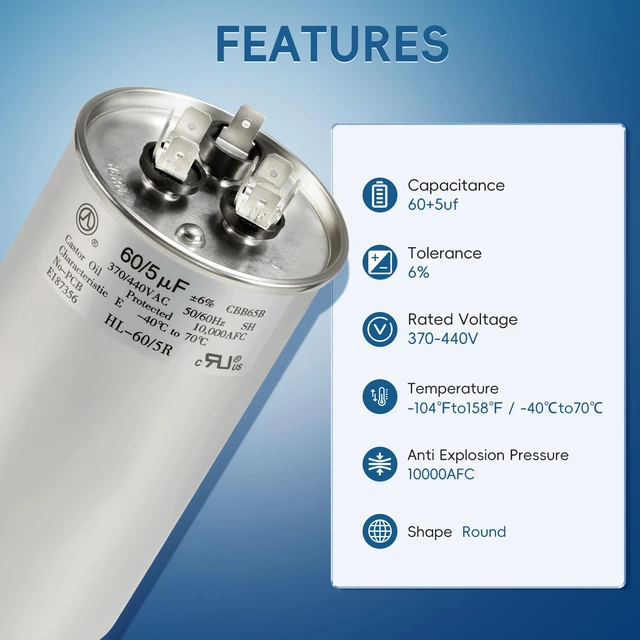 Alt view image 3 of 7 - AC Capacitor 60+5 uF 60/5 MFD ±6% 370V/440VAC CBB65 Dual Run Circular Start Capacitor for Heat Pump Air ConditionerTen Years of Coverage