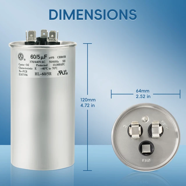 Alt view image 5 of 7 - AC Capacitor 60+5 uF 60/5 MFD ±6% 370V/440VAC CBB65 Dual Run Circular Start Capacitor for Heat Pump Air ConditionerTen Years of Coverage