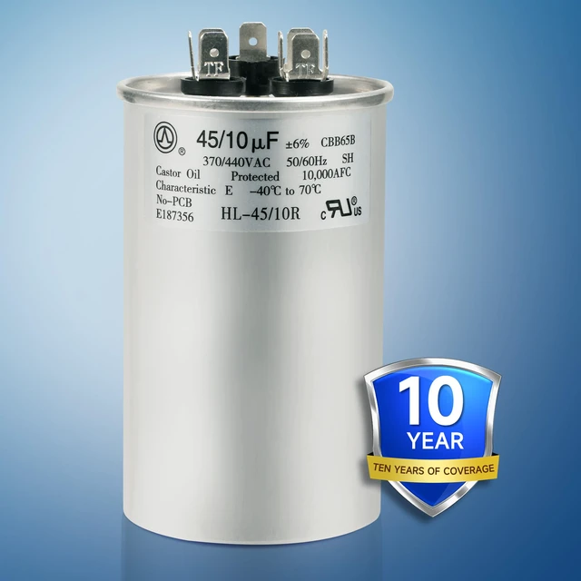 Alt view image 2 of 7 - AC Capacitor 45+10 uF 45/10 MFD ±6% 370V/440VAC CBB65 Dual Run Circular Start Capacitor for Heat Pump Air ConditionerTen Years of Coverage