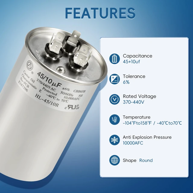 Alt view image 3 of 7 - AC Capacitor 45+10 uF 45/10 MFD ±6% 370V/440VAC CBB65 Dual Run Circular Start Capacitor for Heat Pump Air ConditionerTen Years of Coverage