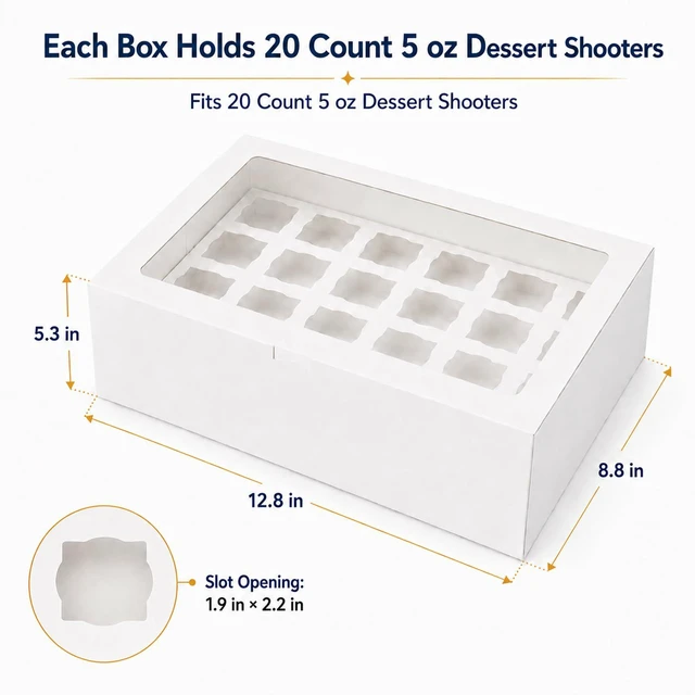Alt view image 2 of 7 - Dessert Shooter Boxes 5 Pack, Each Box Holds 20 Count 5 oz Dessert Shooter Cups, Food-Grade Dessert Cup Holder Boxes with Inserts, Dessert Shooter Box Packaging for Parties, Catering