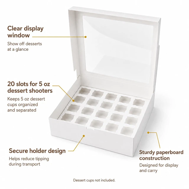 Alt view image 4 of 7 - Dessert Shooter Boxes 5 Pack, Each Box Holds 20 Count 5 oz Dessert Shooter Cups, Food-Grade Dessert Cup Holder Boxes with Inserts, Dessert Shooter Box Packaging for Parties, Catering
