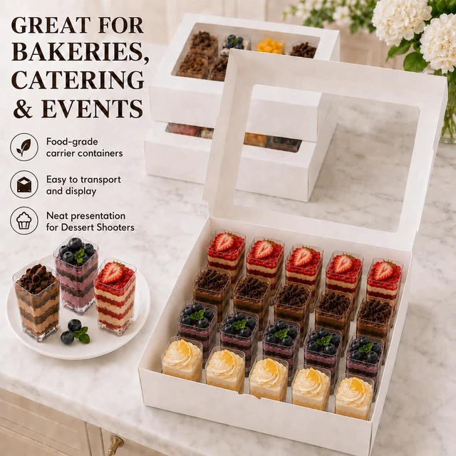 Alt view image 5 of 7 - Dessert Shooter Boxes 5 Pack, Each Box Holds 20 Count 5 oz Dessert Shooter Cups, Food-Grade Dessert Cup Holder Boxes with Inserts, Dessert Shooter Box Packaging for Parties, Catering