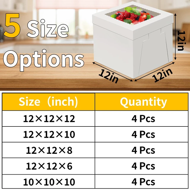 Alt view image 2 of 7 - Cake Boxes 12 inch, Cake Carrier Holder, Storage Transport Container 12×12×12 in, 4 Pcs, Thick Cardboard, Tall and Large, with Clear Window, Easy to Assemble, for Cake Pies Baked Goods