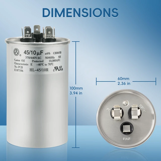 Alt view image 5 of 7 - AC Capacitor 45+10 uF 45/10 MFD ±6% 370V/440VAC CBB65 Dual Run Circular Start Capacitor for Heat Pump Air ConditionerTen Years of Coverage