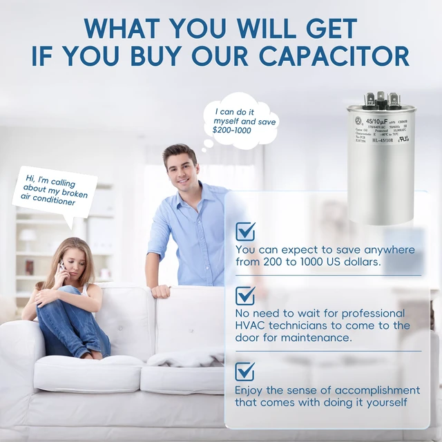 Alt view image 6 of 7 - AC Capacitor 45+10 uF 45/10 MFD ±6% 370V/440VAC CBB65 Dual Run Circular Start Capacitor for Heat Pump Air ConditionerTen Years of Coverage