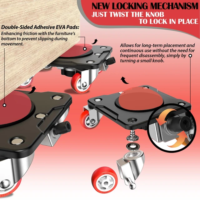 Alt view image 4 of 6 - Furniture Movers with 5-Wheel and Parking Lock Furniture Dolly Set with Lifter & Base, 360° Swivel Casters, Non-Slip Pads, Up to 2000 lbs Load Capacity