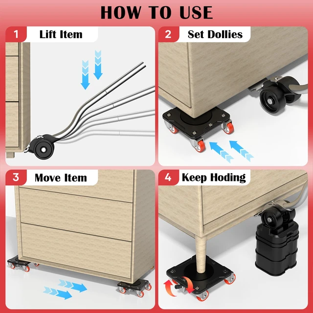 Alt view image 5 of 6 - Furniture Movers with 5-Wheel and Parking Lock Furniture Dolly Set with Lifter & Base, 360° Swivel Casters, Non-Slip Pads, Up to 2000 lbs Load Capacity