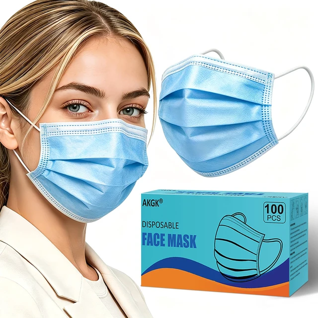 Main image of 100Pcs Disposable Face Masks, Blue Face Mask, 3 Ply Disposable Mask Breathable Mask with Elastic Ear Loops for Adults, Great for Outdoors, Home, Office, School