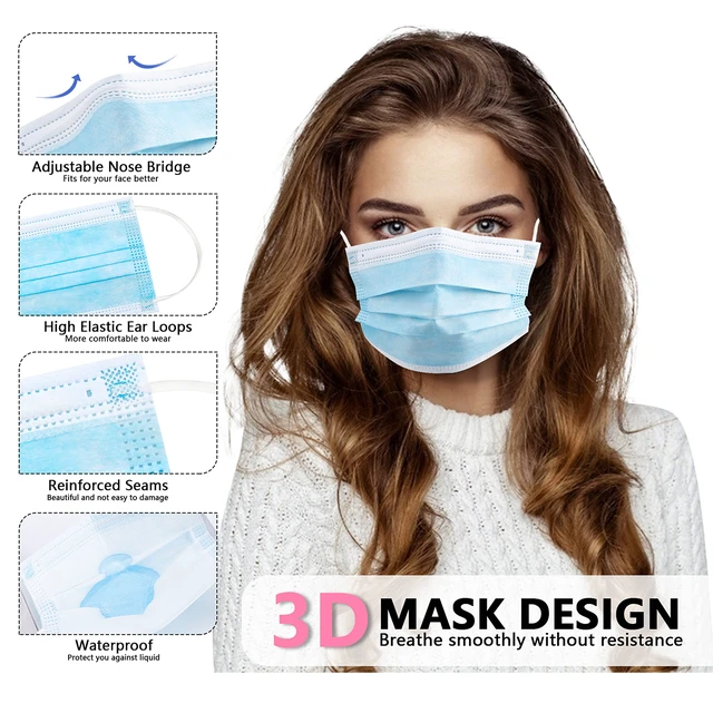 Alt view image 2 of 7 - 100Pcs Disposable Face Masks, Blue Face Mask, 3 Ply Disposable Mask Breathable Mask with Elastic Ear Loops for Adults, Great for Outdoors, Home, Office, School