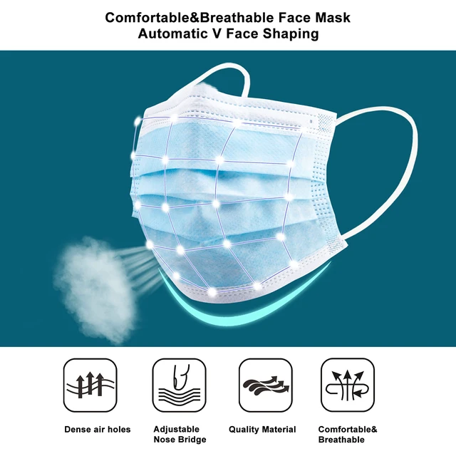 Alt view image 4 of 7 - 100Pcs Disposable Face Masks, Blue Face Mask, 3 Ply Disposable Mask Breathable Mask with Elastic Ear Loops for Adults, Great for Outdoors, Home, Office, School