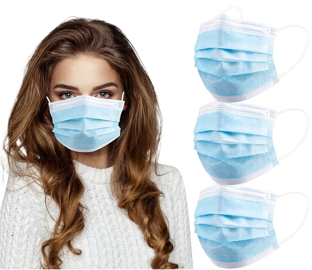Alt view image 6 of 7 - 100Pcs Disposable Face Masks, Blue Face Mask, 3 Ply Disposable Mask Breathable Mask with Elastic Ear Loops for Adults, Great for Outdoors, Home, Office, School