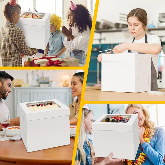 Alt view image 7 of 7 - Cake Boxes 12 inch, Cake Carrier Holder, Storage Transport Container 12×12×12 in, 4 Pcs, Thick Cardboard, Tall and Large, with Clear Window, Easy to Assemble, for Cake Pies Baked Goods